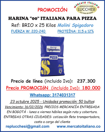 HARINA DE TRIGO FORTIFICADA TIPO "00" PARA PIZZA  SPIGADORO "BRIO 25 KG" Contáctenos para cotizar