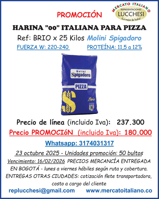HARINA DE TRIGO FORTIFICADA TIPO "00" PARA PIZZA  SPIGADORO "BRIO 25 KG" Contáctenos para cotizar