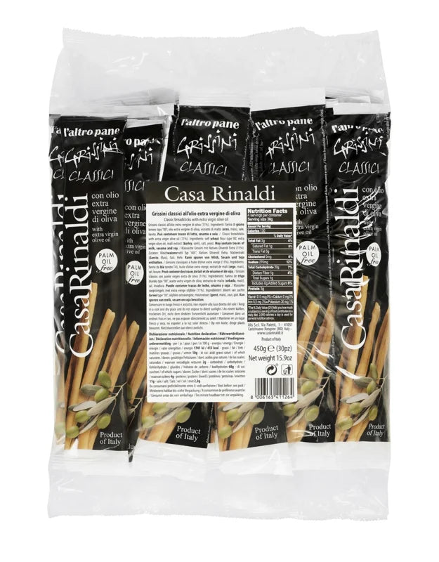 GRISSINI CLÁSICOS CON ACEITE DE OLIVA EXTRAVIRGEN BOLSA DE 15 UNIDADES X 30 gr (450 gr)