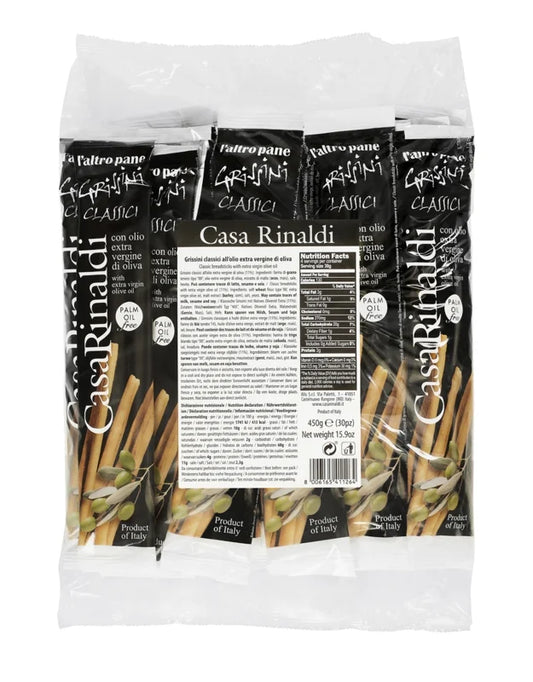GRISSINI CLÁSICOS CON ACEITE DE OLIVA EXTRAVIRGEN BOLSA DE 15 UNIDADES X 30 gr (450 gr)